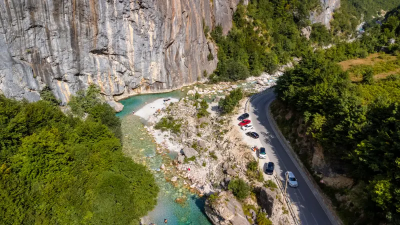 Aerial Drone View Small Beach Turquoise River Valbona Valley Theth National Park Albanian Alps