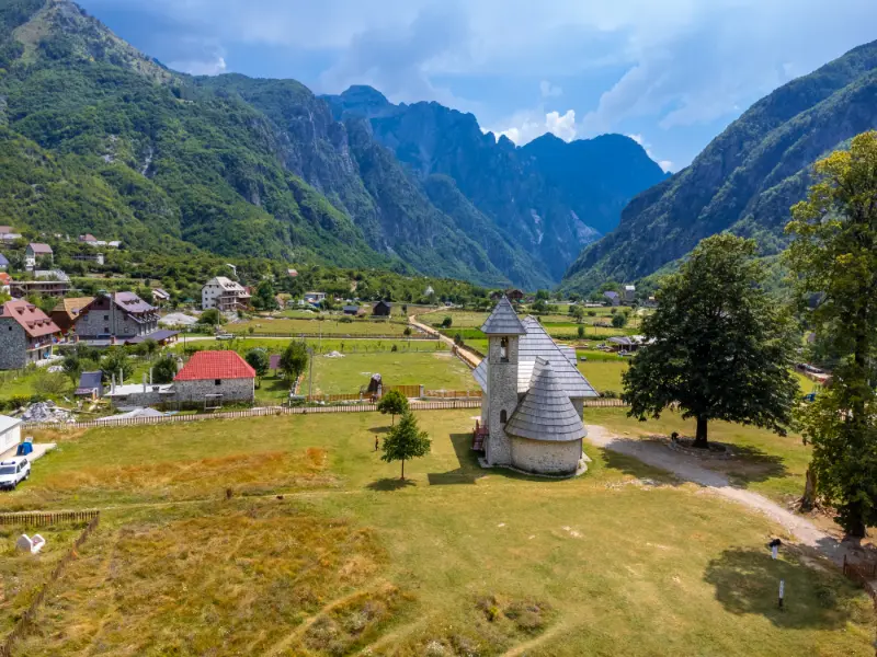 Aerial View Catholic Church Valley Theth National Park Albania Albanian Alps