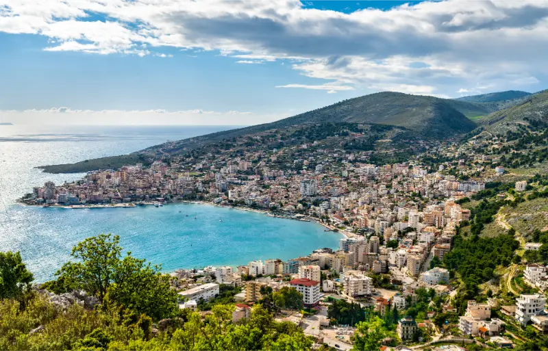 Aerial View Of Saranda City And Bay Albania