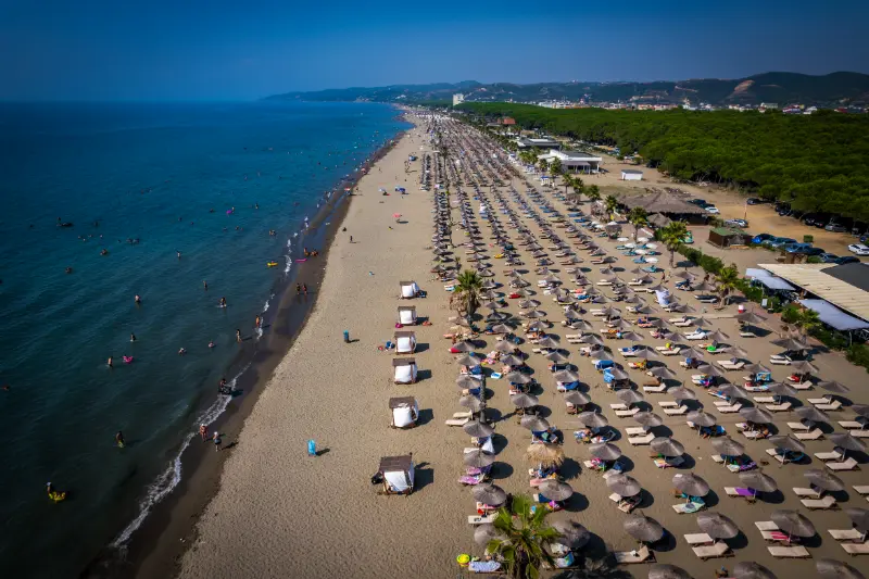 Aerial View Of Spille Beach And Pine Forest Albania