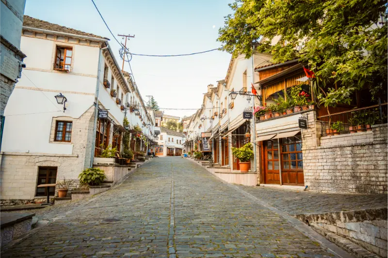 Clock Tower Castle Gjirokaster Albania Souvenir Shops Old Town Gjirokaster