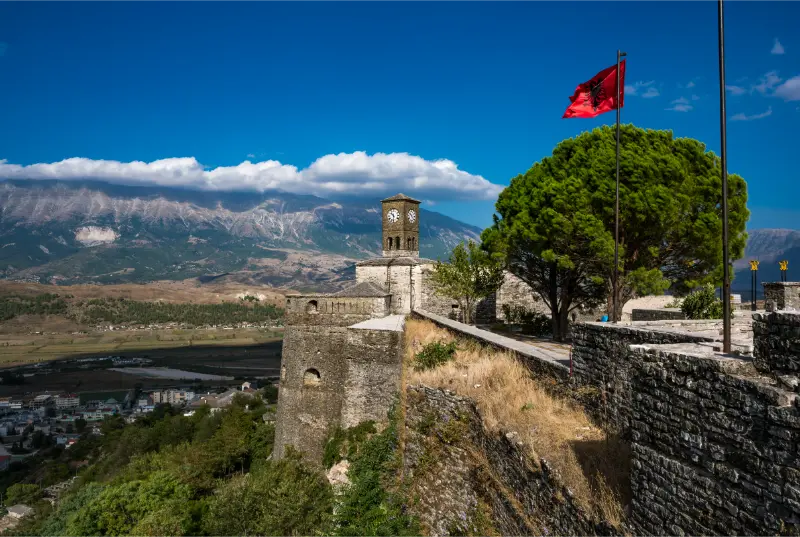 Clock Tower Waving Albanian Flag Gjirokaster Citadel Castle Attraction Albania