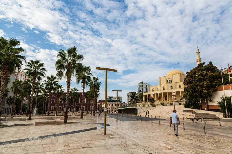 Man Walking Central Square Great Mosque Durres Albania