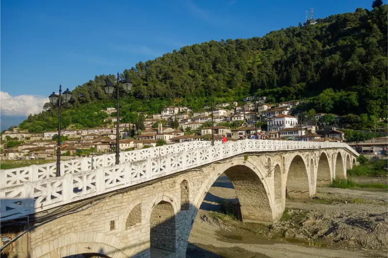 Old Gorica Bridge Osum River Berat Albania Cityscape As Backdrop