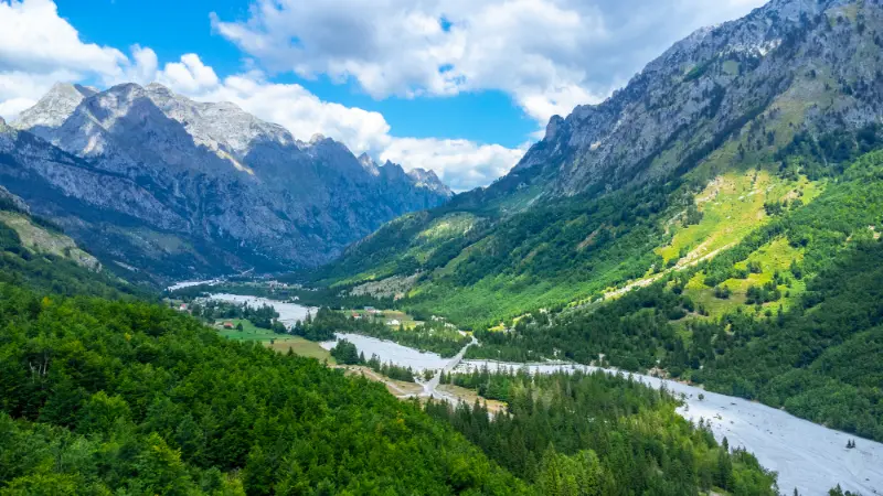 Panoramic Aerial Drone View Valbona Valley Theth National Park Albanian Alps Albania 2