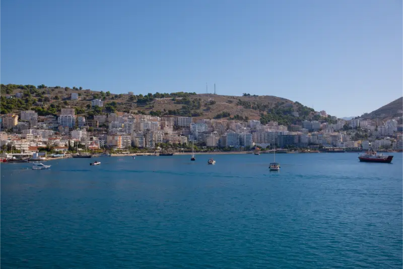 Resort Town Albania View Departing Ship Houses Mountains Port Town Saranda 2