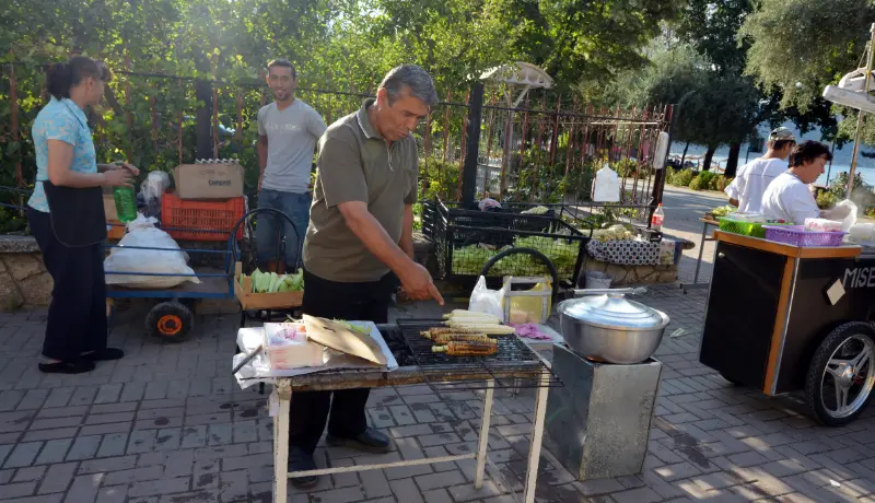 Roasted Corn Vendor on a Street in Pogradec Albania