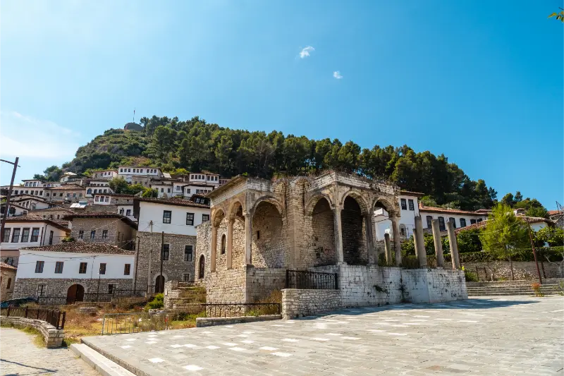 Tourist Woman Looking Historic Berat Albania Enjoying Vacation UNESCO