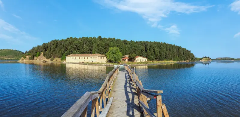 Wooden Ruined Bridge Isolated Monastery Saint Mary Zvernec Island Narta Lagoon Vlore Albania